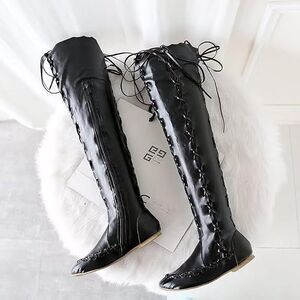 Black Lace-Up Over-the-Knee Boots with Side Zippers